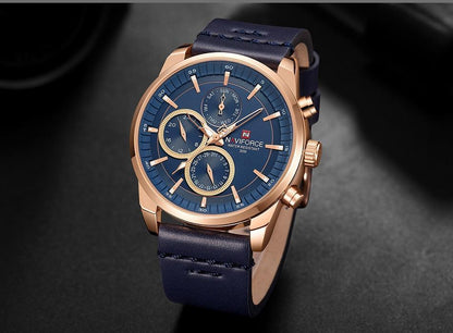 Stevvex men's waterproof watch with blue dial, rose gold case, leather strap, luminous hands on Tampa Home & Garden Store