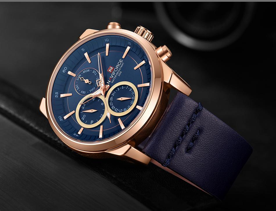 Stevvex men's waterproof watch with blue dial, rose gold case, fluorescent hands, navy strap on Tampa Home & Garden Store