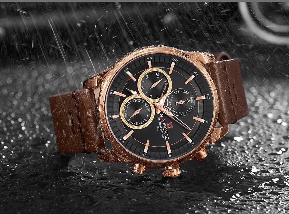 Men's elegant waterproof watch Stevvex rose-gold case black dial brown leather strap chronograph on Tampa Home & Garden Store
