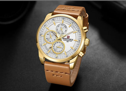 Men's gold-tone waterproof watch with dial, fluorescent hands, brown leather strap NAVIFORCE on Tampa Home & Garden Store