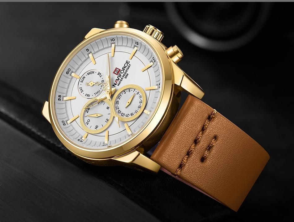 Stevvex men's waterproof watch with luminous hands, gold-tone case, white dial, brown leather strap on Tampa Home & Garden Store