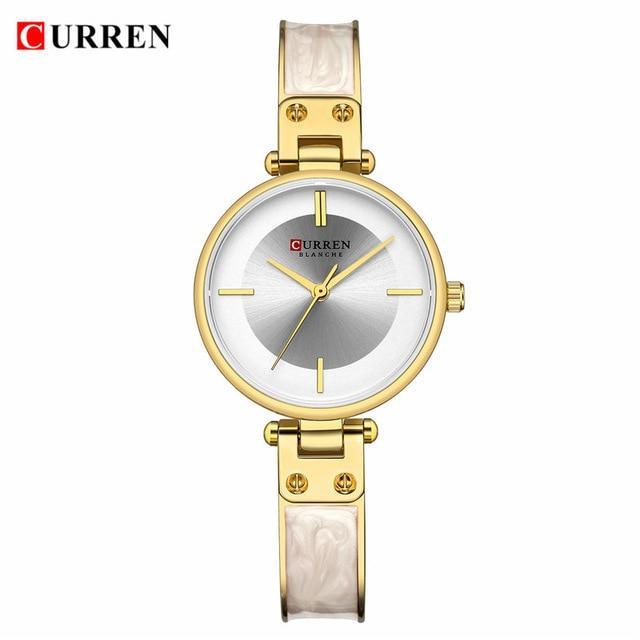 Womens elegant stainless steel watch with gold-tone ceramic bracelet Curren logo on dial on Tampa Home & Garden Store
