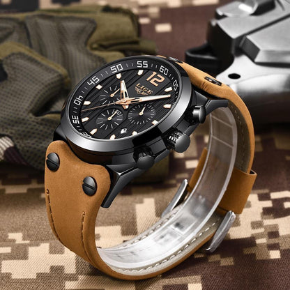 Men's waterproof watch with black case and tan leather strap, chronograph dials on Tampa Home & Garden Store