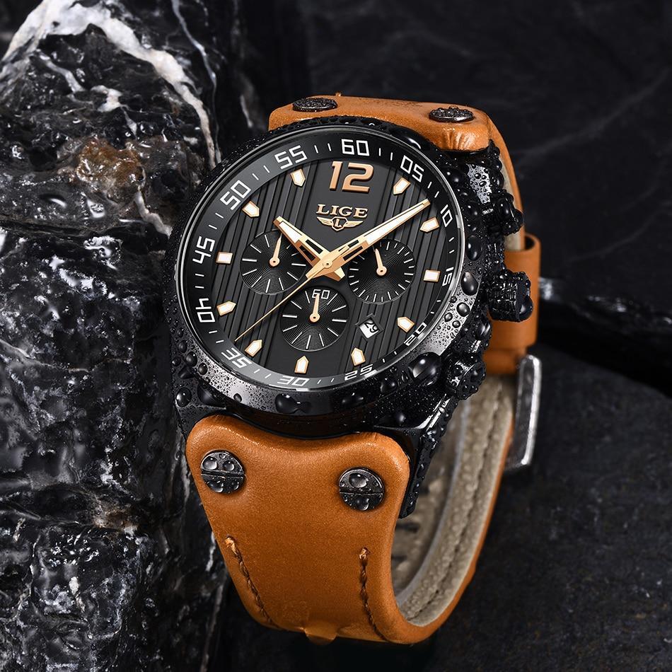 Men's Stevvex waterproof watch with black dial, tan leather strap, three subdials and luminous hands on Tampa Home & Garden Store