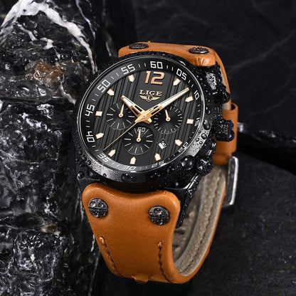 Men's Stevvex waterproof watch with black dial, tan leather strap, three subdials and luminous hands on Tampa Home & Garden Store