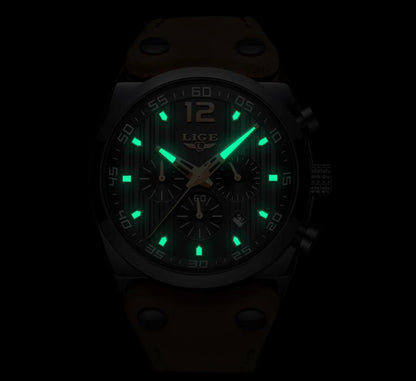 Men's watch with brown leather strap, luminous green hands and chronograph subdials on Tampa Home & Garden Store