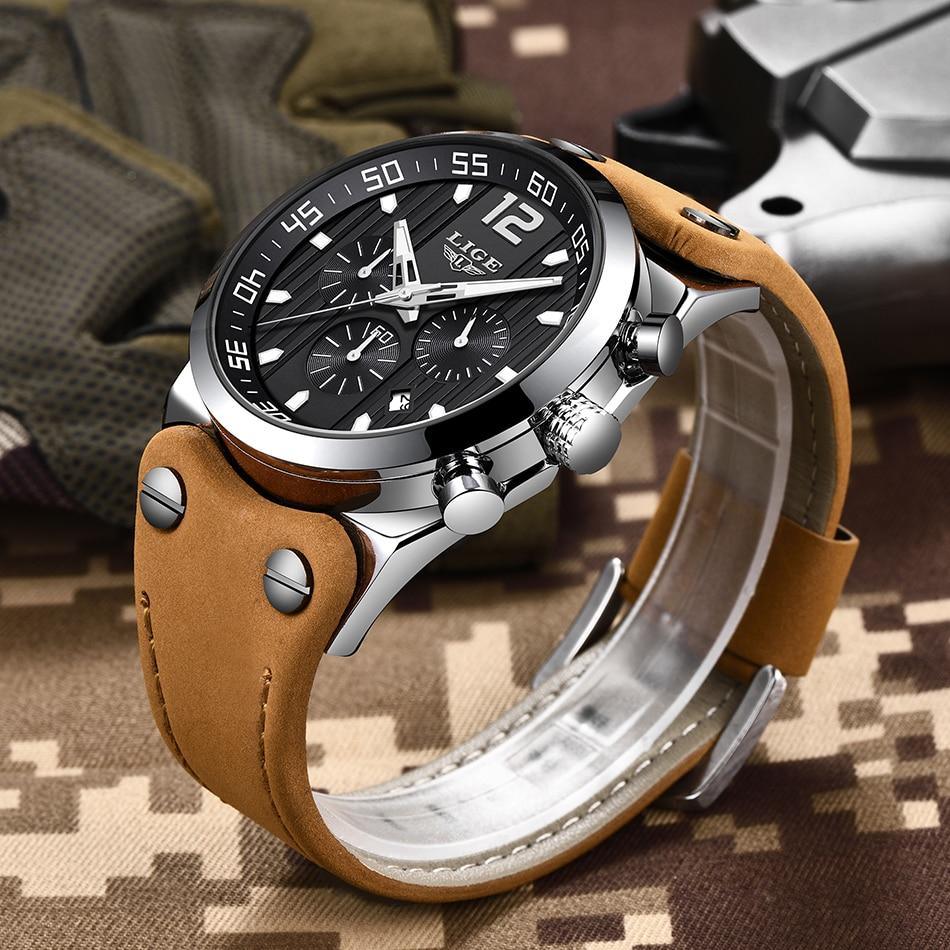Men's Stevvex waterproof chronograph watch with leather strap, black dial, luminous hands on Tampa Home & Garden Store