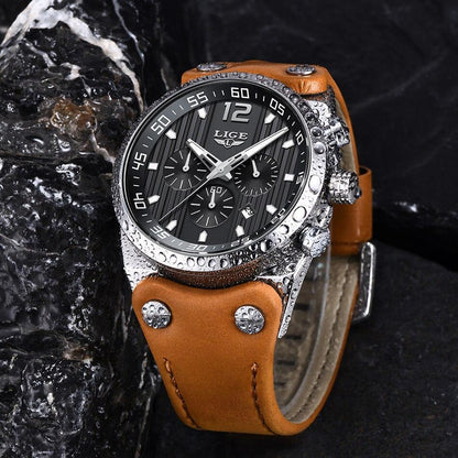 Men's Stevvex waterproof chronograph watch with brown leather strap on Tampa Home & Garden Store