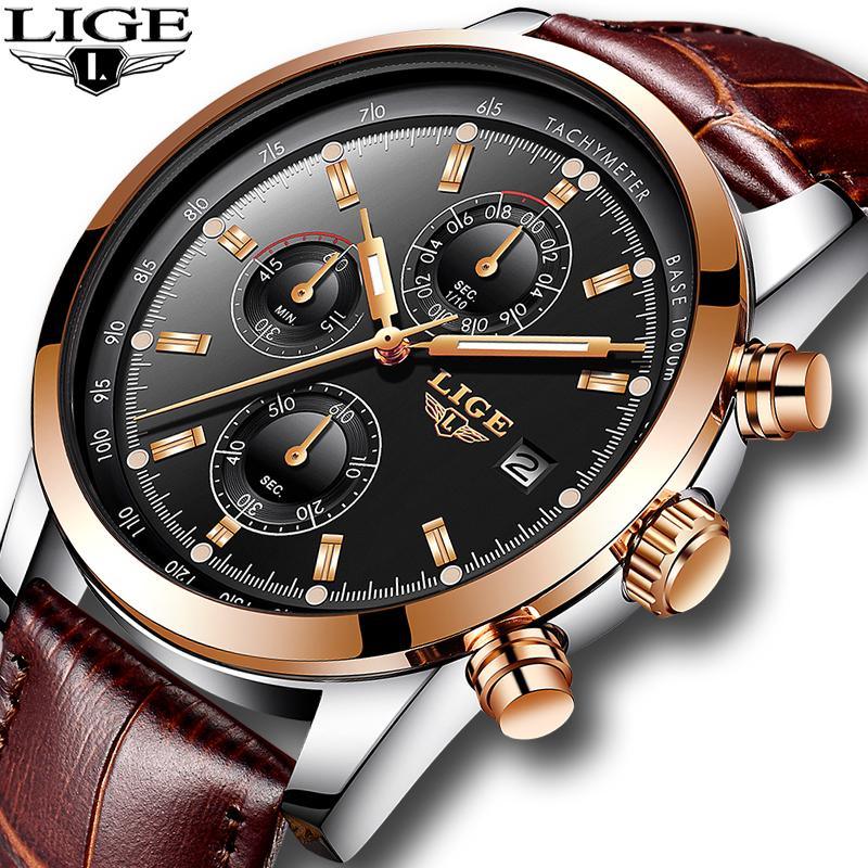 LIGE men's chronograph watch rose-gold bezel black dial brown leather strap date display on Tampa Home & Garden Store