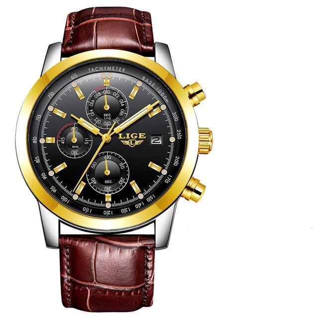 Mens LIGE chronograph waterproof watch with date display and brown leather strap on Tampa Home & Garden Store