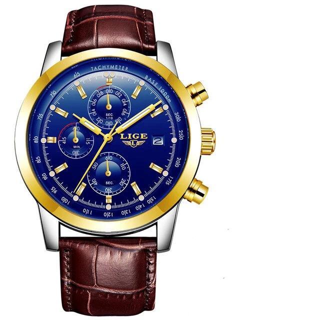 Men's waterproof chronograph watch blue dial gold bezel brown leather strap date display on Tampa Home & Garden Store