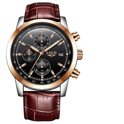 Men's chronograph watch by LIGE, black dial, rose gold bezel, brown leather strap on Tampa Home & Garden Store