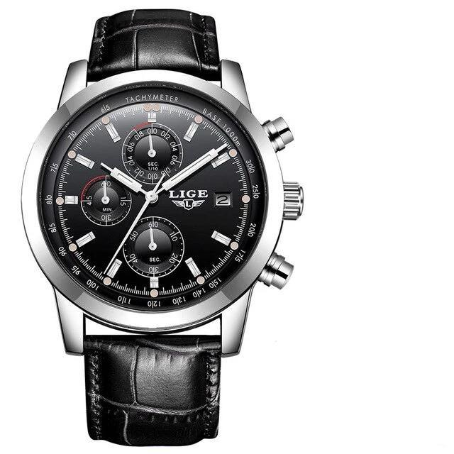 Men's waterproof chronograph watch with date, black dial, steel case, black leather strap LIGE on Tampa Home & Garden Store