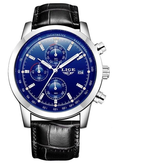 Men's waterproof chronograph watch with blue dial, leather strap and date window LIGE on Tampa Home & Garden Store