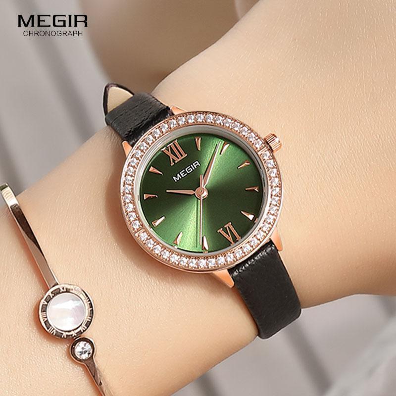 MEGIR watch green dial quartz with rose-gold bezel and crystal rim, black leather strap; 2pc on Tampa Home & Garden Store