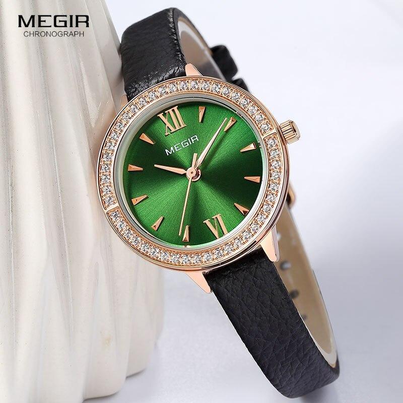Stevvex MEGIR chronograph luxury green dial women's watch with crystal bezel and black leather strap on Tampa Home & Garden Store