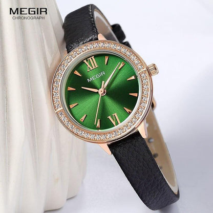 Stevvex MEGIR chronograph luxury green dial women's watch with crystal bezel and black leather strap on Tampa Home & Garden Store