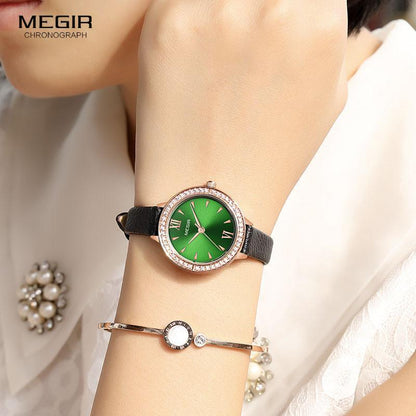 Stevvex green women's quartz watch with crystal bezel on black leather strap on Tampa Home & Garden Store