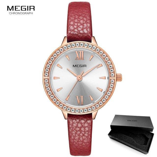 MEGIR women's luxury quartz watch with rose gold bezel, crystal rim, silver dial, XII/VI on Tampa Home & Garden Store