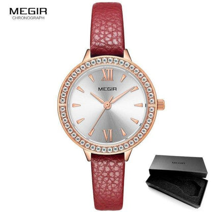 MEGIR women's luxury quartz watch with rose gold bezel, crystal rim, silver dial, XII/VI on Tampa Home & Garden Store