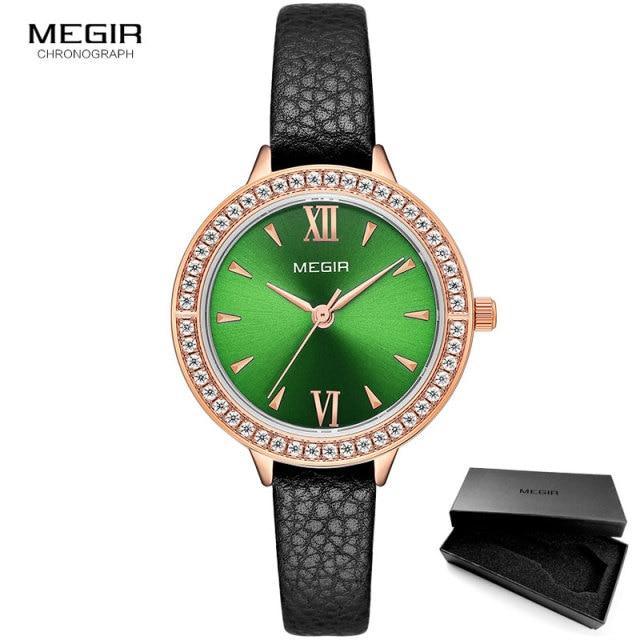 Stevvex women's green quartz watch, rose gold case with crystal bezel, black leather strap on Tampa Home & Garden Store