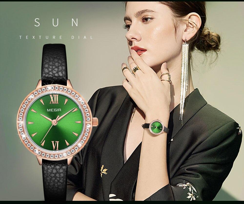 Stevvex luxury green women's watch with rose-gold case, crystal bezel, black leather strap on Tampa Home & Garden Store