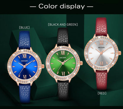 Stevvex luxury women's quartz round watch trio in blue, green and red with crystal bezel on Tampa Home & Garden Store