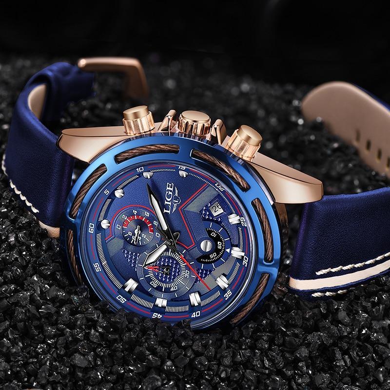 Stevvex waterproof men's sports watch with blue dial rose-gold case and blue leather strap on Tampa Home & Garden Store
