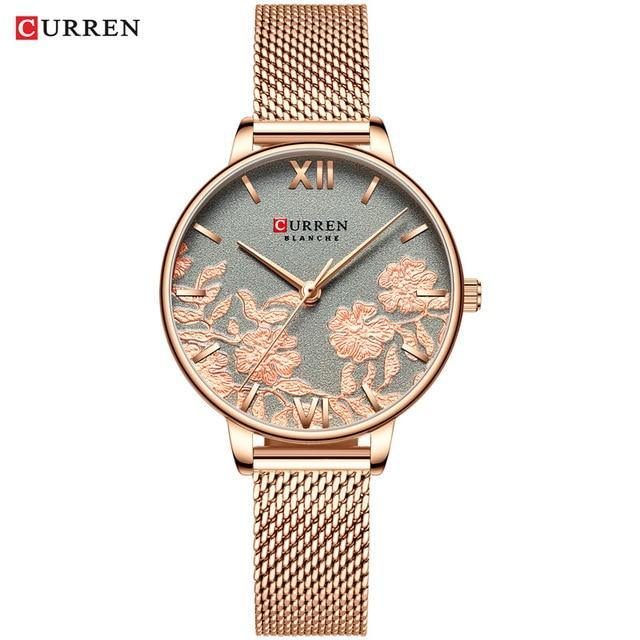 Curren women's rose-gold wristwatch with mesh strap and floral decoupage dial on Tampa Home & Garden Store