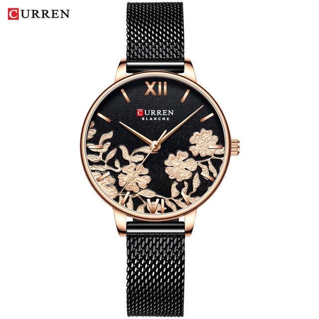 Curren women's waterproof watch with black dial, rose-tone case and decoupage on mesh strap on Tampa Home & Garden Store