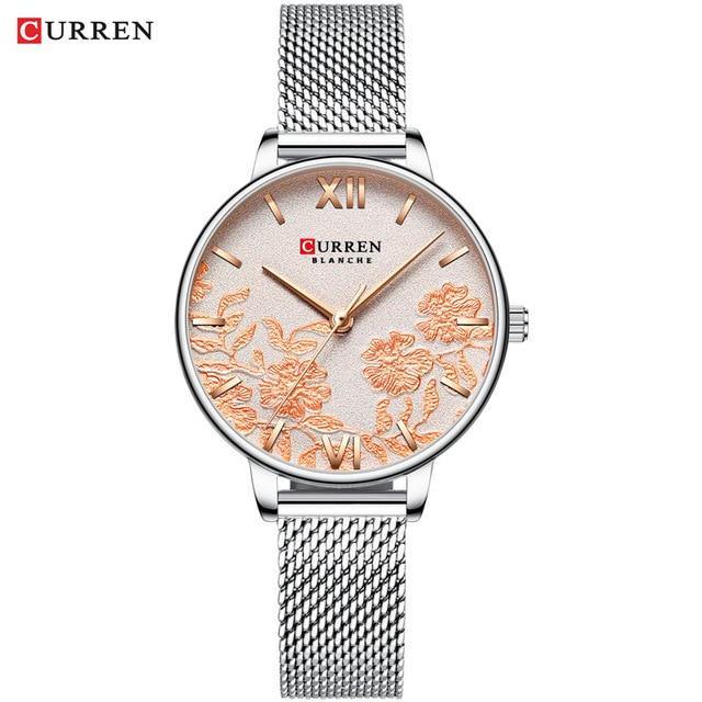 Curren women's silver mesh stainless steel watch with rose-gold floral decoupage dial on Tampa Home & Garden Store
