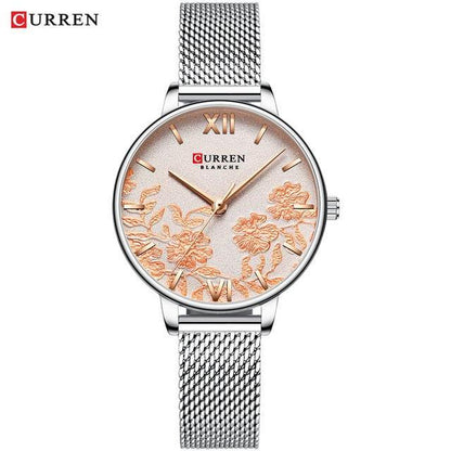 Curren women's silver mesh stainless steel watch with rose-gold floral decoupage dial on Tampa Home & Garden Store