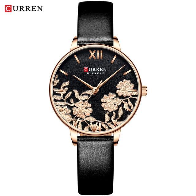 Stevvex waterproof watch with decoupage floral dial, rose gold case, black leather strap on Tampa Home & Garden Store