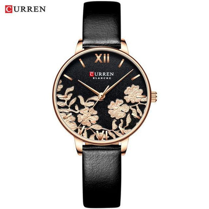 Stevvex waterproof watch with decoupage floral dial, rose gold case, black leather strap on Tampa Home & Garden Store