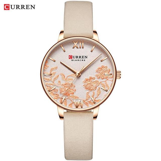 Womens Curren watch with floral decoupage dial, rose-gold case and beige leather strap on Tampa Home & Garden Store