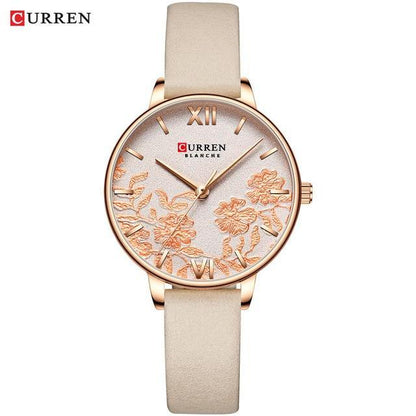 Womens Curren watch with floral decoupage dial, rose-gold case and beige leather strap on Tampa Home & Garden Store