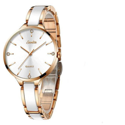 Women's Stevvex quartz wristwatch with white ceramic bracelet rose-gold case and zircon accents on Tampa Home & Garden Store