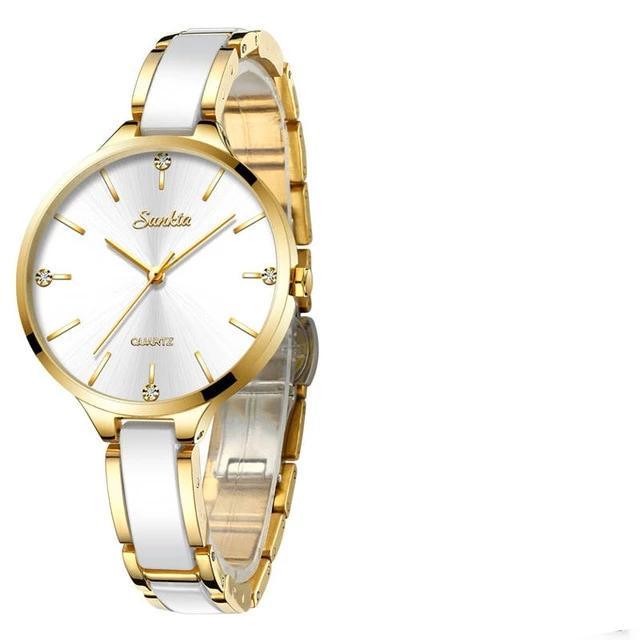 Stevvex women's wrist watch with white ceramic bracelet and gold-tone case on Tampa Home & Garden Store
