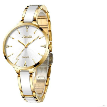 Stevvex women's wrist watch with white ceramic bracelet and gold-tone case on Tampa Home & Garden Store