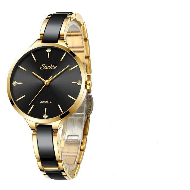 Women's waterproof quartz watch with gold-tone bracelet and black ceramic, black dial on Tampa Home & Garden Store