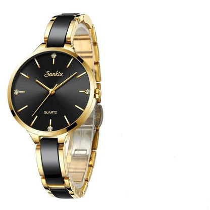 Women's waterproof quartz watch with gold-tone bracelet and black ceramic, black dial on Tampa Home & Garden Store
