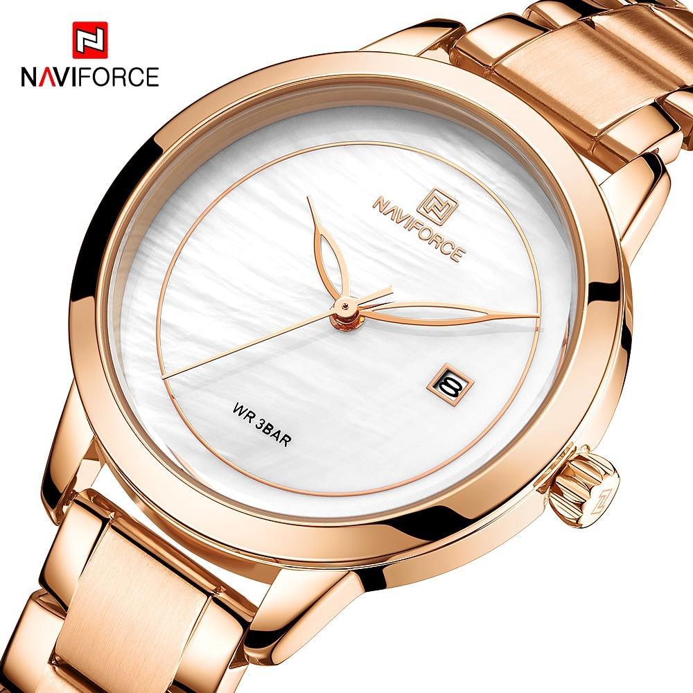 Women’s rose-gold stainless steel watch with marble dial, Naviforce branding on Tampa Home & Garden Store