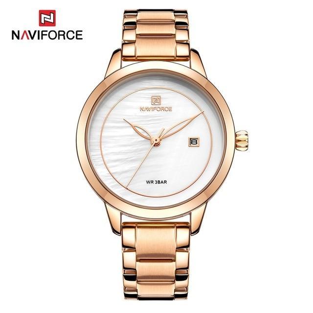 Naviforce women's luxury waterproof rose gold stainless steel watch with white marble dial on Tampa Home & Garden Store