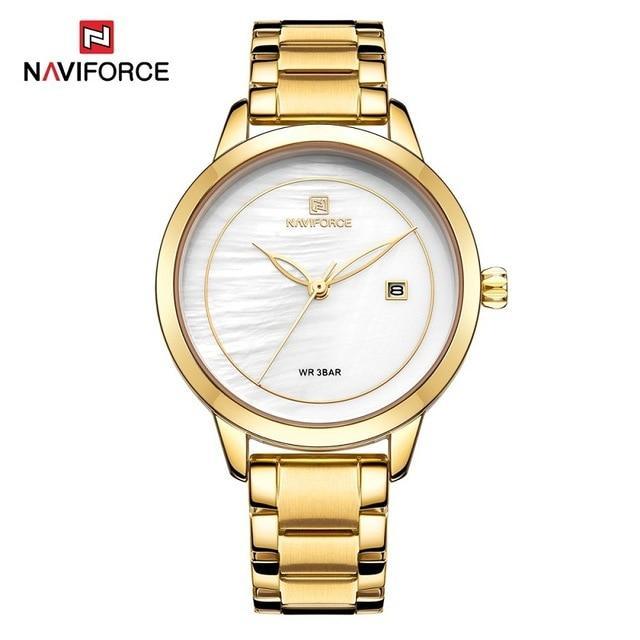 Women's gold-tone stainless steel watch with white dial, date window, NAVIFORCE logo on marble backdrop on Tampa Home & Garden Store