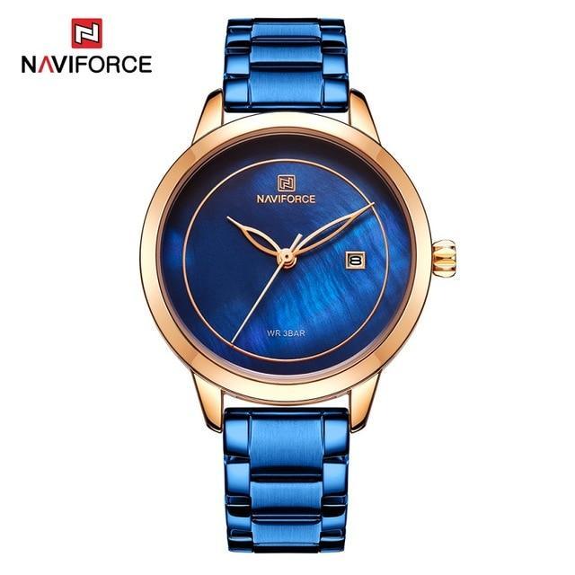 Naviforce women's luxury waterproof steel watch with blue dial, gold-tone case and bracelet on Tampa Home & Garden Store