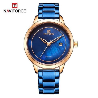 Naviforce women's luxury waterproof steel watch with blue dial, gold-tone case and bracelet on Tampa Home & Garden Store