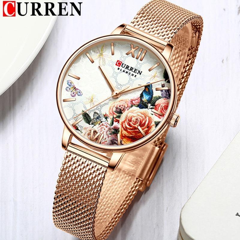 Womens Curren watch with decoupage floral dial and large Roman numerals rose gold mesh band on Tampa Home & Garden Store