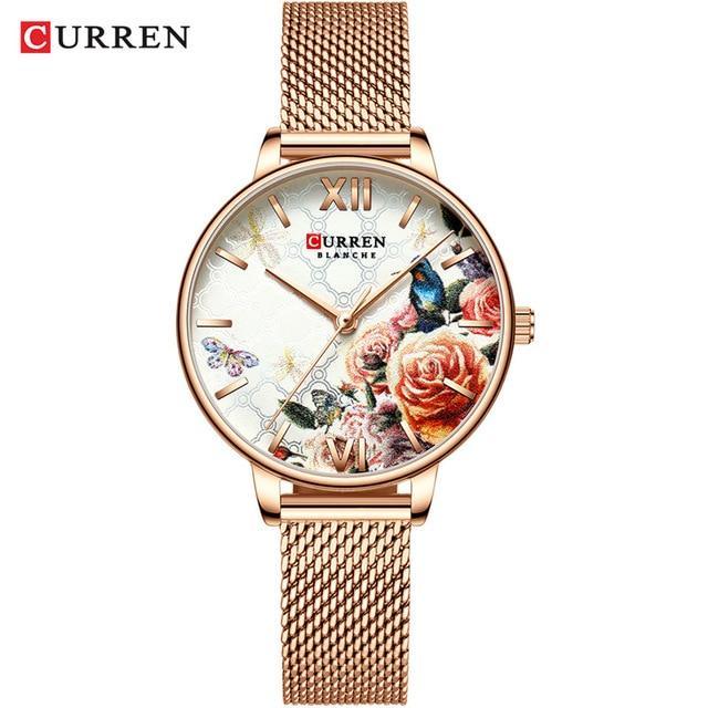 Womens rose-gold watch with mesh band decoupage floral dial and large Roman numerals Curren logo on Tampa Home & Garden Store