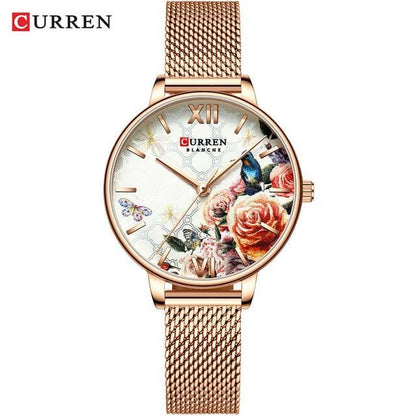 Womens rose-gold watch with mesh band decoupage floral dial and large Roman numerals Curren logo on Tampa Home & Garden Store