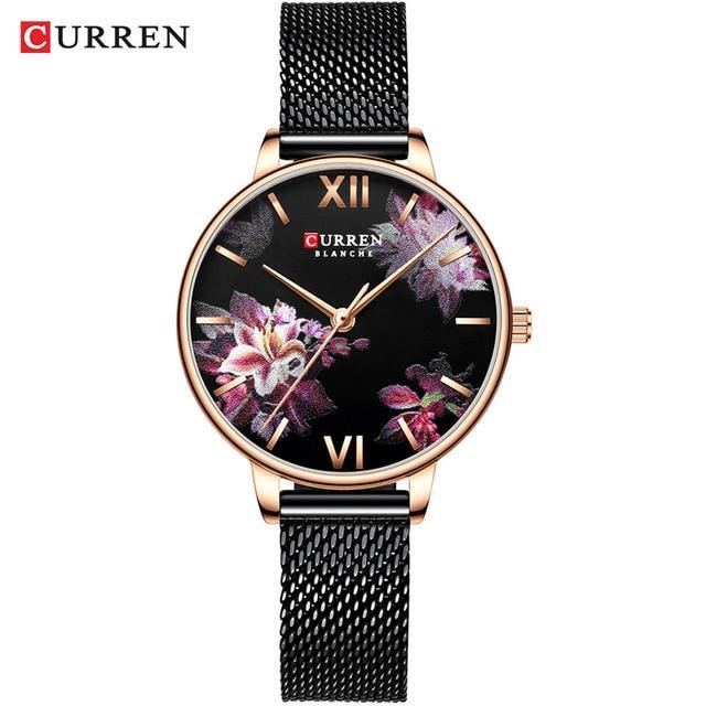 Womens watch Curren with decoupage flower dial, rose gold case, black mesh strap on Tampa Home & Garden Store